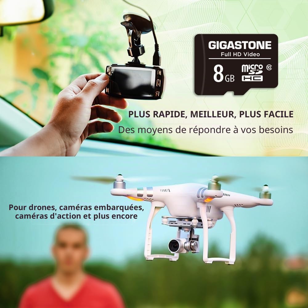 GIGASTONE Carte Mémoire 8 Go Lot de 2 Cartes, Compatible avec Android Gopro Caméra Samsung, Haute Vitesse idéal pour Portable Full HD Vidéo, U1 C10 Carte Micro SDHC avec Mini étui et Adaptateur SD.