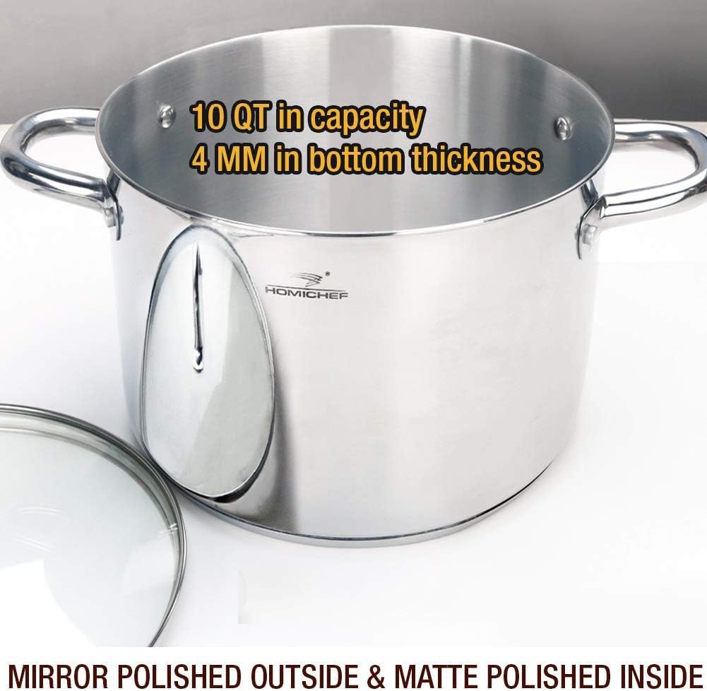 HOMICHEF 10 Quart Stock Pot With Glass Lid - Nickel Free Stainless Steel 10 Qt Pots With Handle - Mirror Polished StockPot 10 Quart - Induction Cooking Pots With Lid - Healthy Soup Pot Shiny Silver - Mirror Polished Stainless Steel 10 Quarts