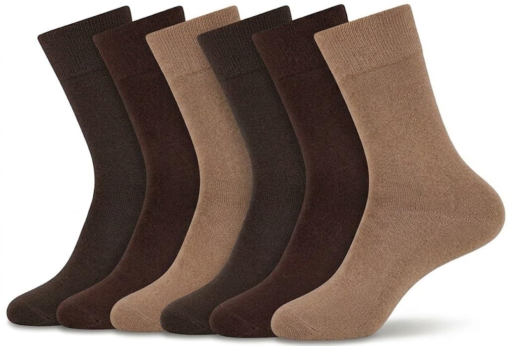 ZRWASKA® Diabetic Socks For Men Wide Elastic Cotton Neuropathy Loose Top Soft Grip Oedema Friendly Swollen Feet Legs non elastic socks Size UK 6-11 (6 Pairs - Brown T&S)
