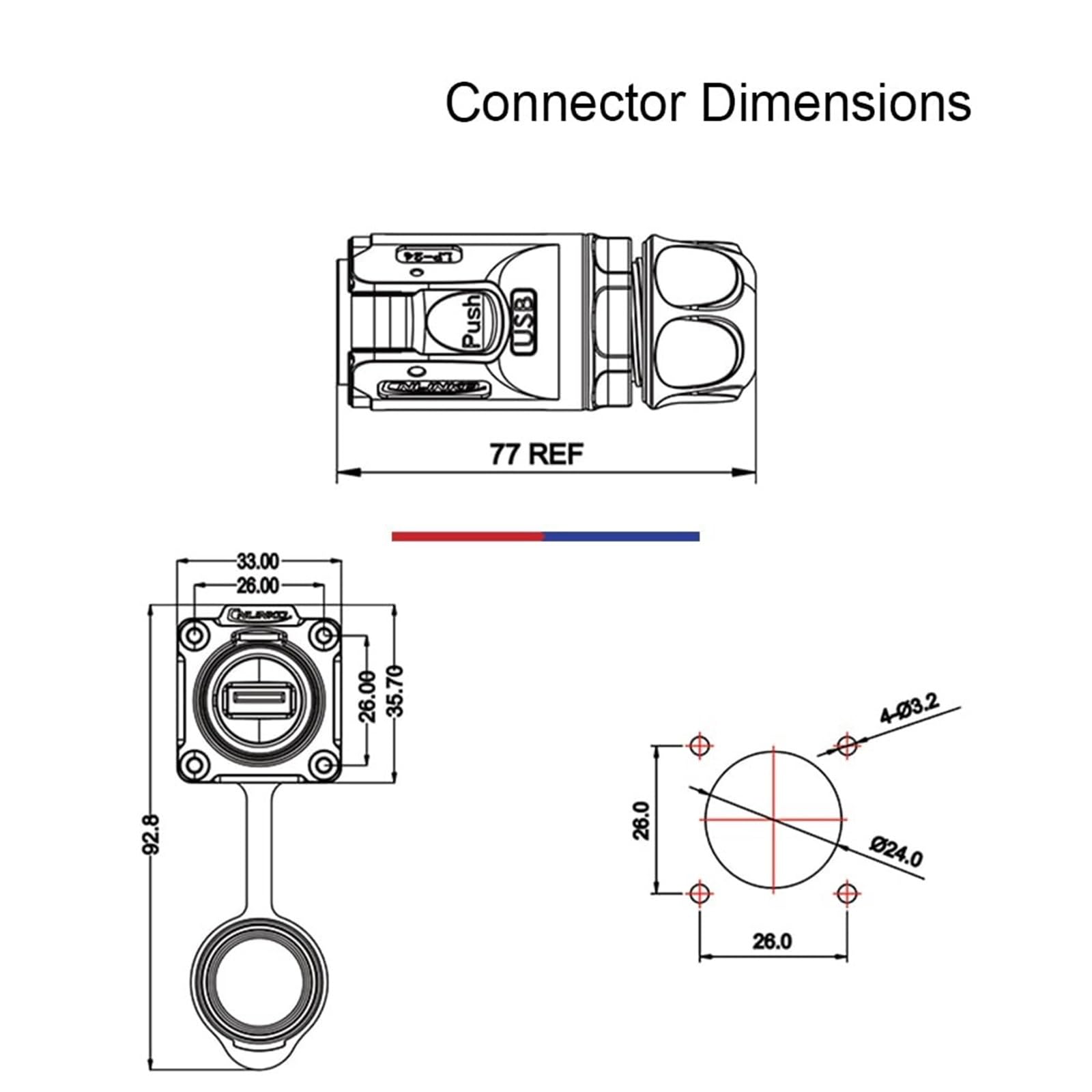 1 Conector USB M24 Resistente al Agua IP67, Conectores Hembra LP24 USB 2.0 y USB 3.0, Conector de Carga rápida for automoción, Uso marítimo y Exteriores.(Socket F(2.0))