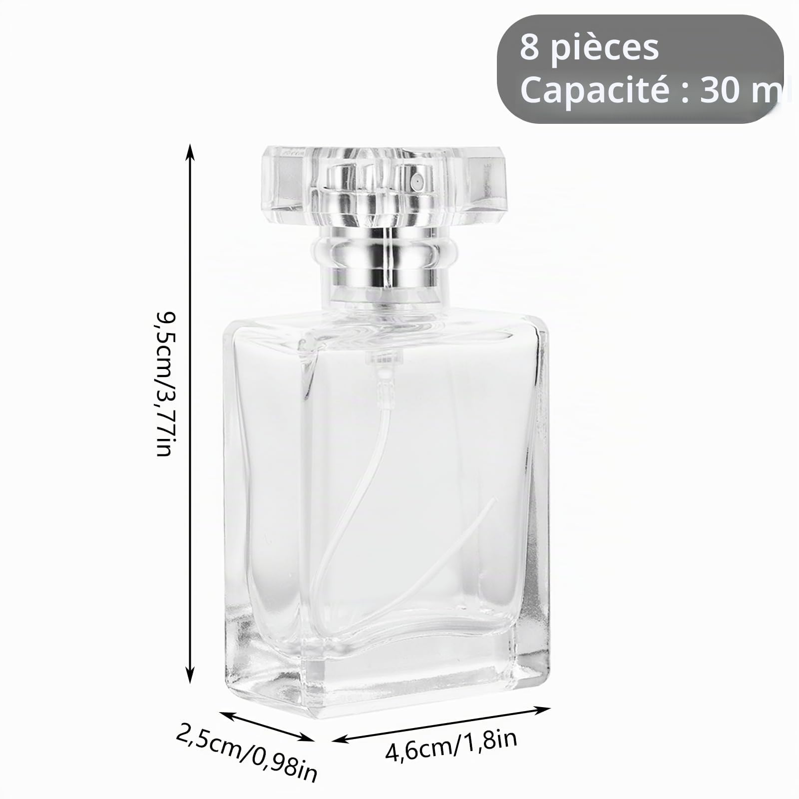 Lot de 8 Vaporisateur Parfum de 30 ml, Flacon Vaporisateur Verre pour les déplacements, flacons de parfum transparents rechargeables pour huile essentielle, argent