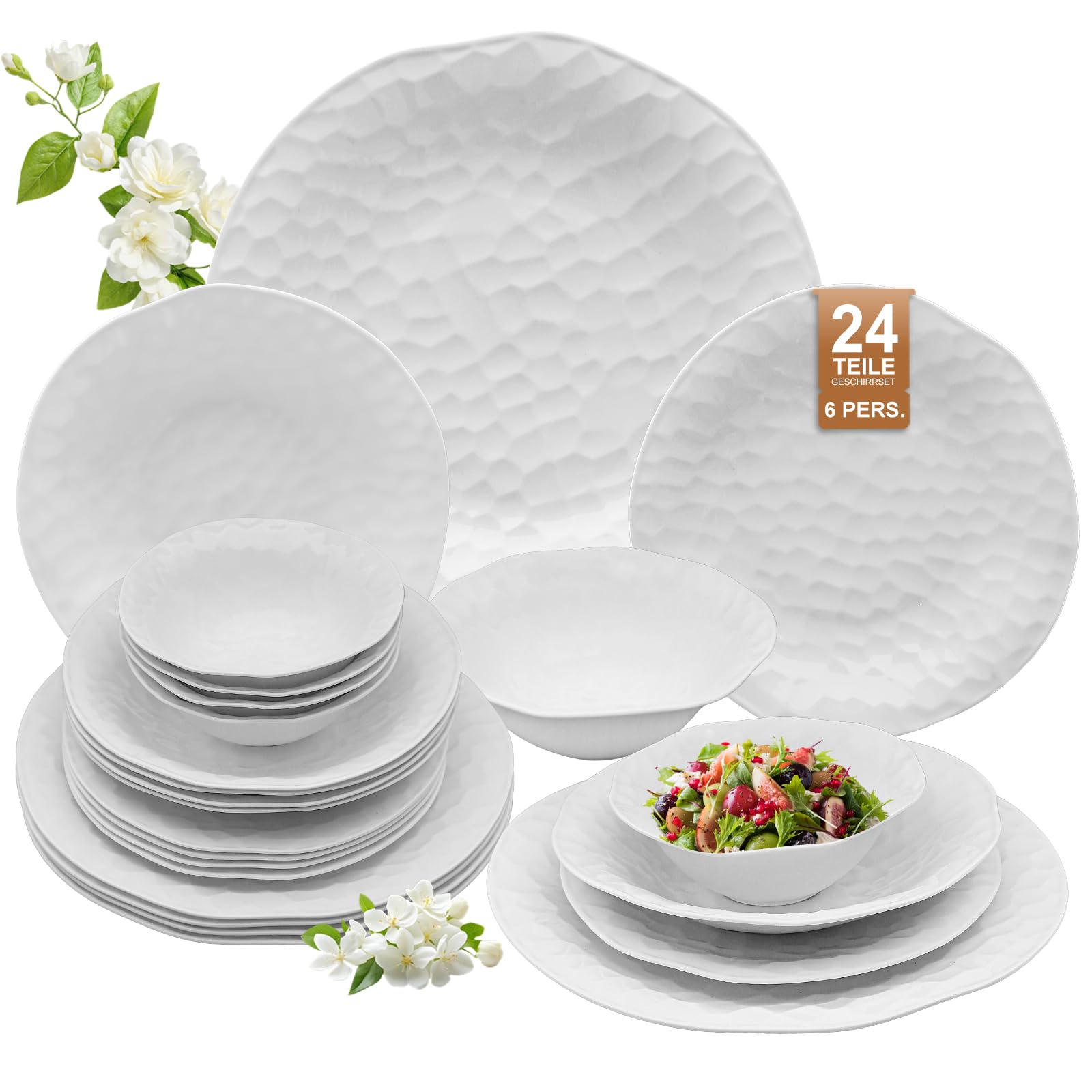 Geschirrset 24-teilig für 6 Personen, Porzellan,Gitterförmig | Dinner set, Tafelservice, Je 6 Speiseteller, Dessertteller, Müslischalen, Salatschüssel, Teller set, Kombiservice 6 personen
