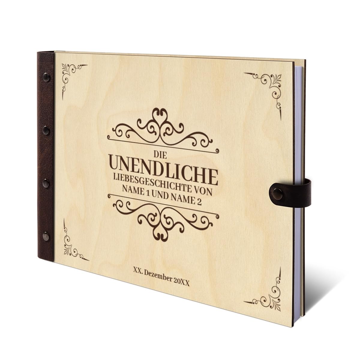 Personalisiertes Hochzeit Gästebuch echtes Holz DIN A4 Hochzeitsbuch mit Lasergravur - Liebesgeschichte - mit 72 Blatt / 144 Seiten Naturpapier Weiß