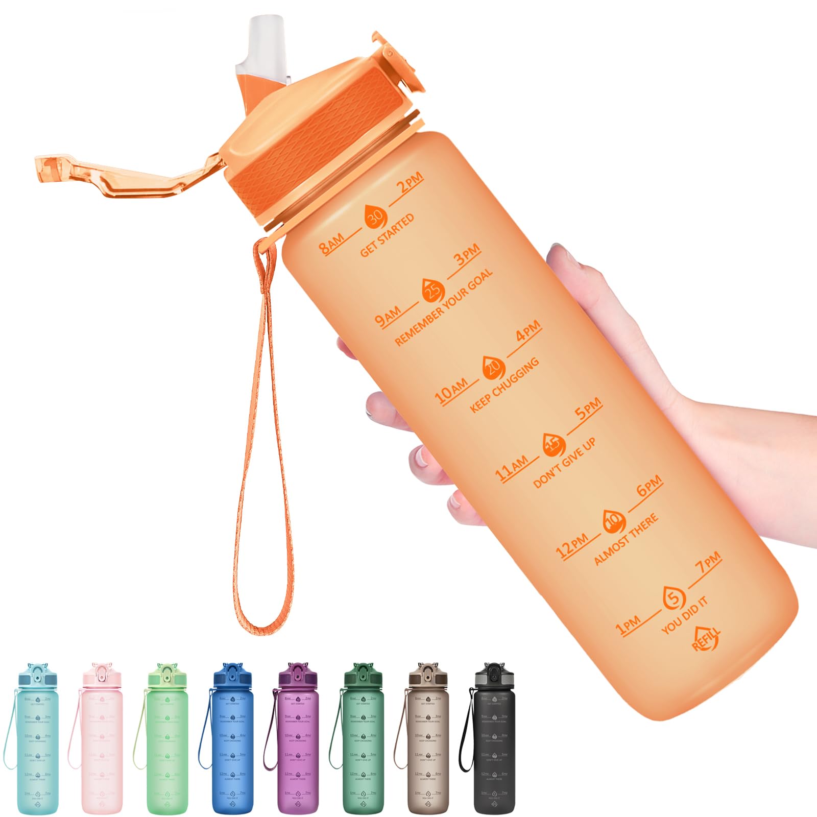 Hyeta Plastic Water Bottle With Straw & Time Marker, 32oz Leakproof Jug — image 1