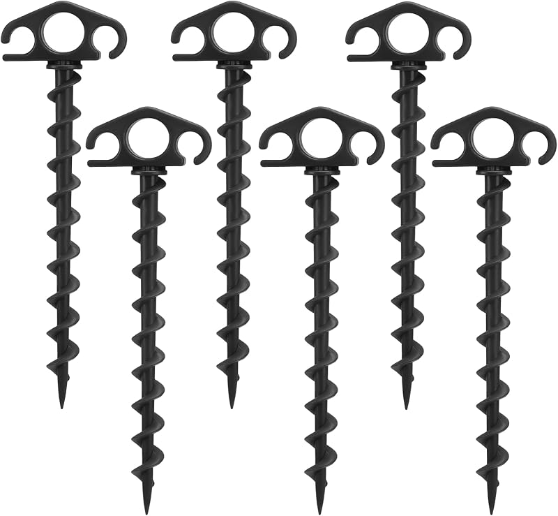 Estacas para tienda de campaña, anclajes de tierra atornillados, paquete de 6 estacas de arena para playa, 9,4 pulgadas, clavijas en espiral resistentes para tienda de campaña, para acampar, fiestas, senderismo, decoración al aire libre (6, negro)