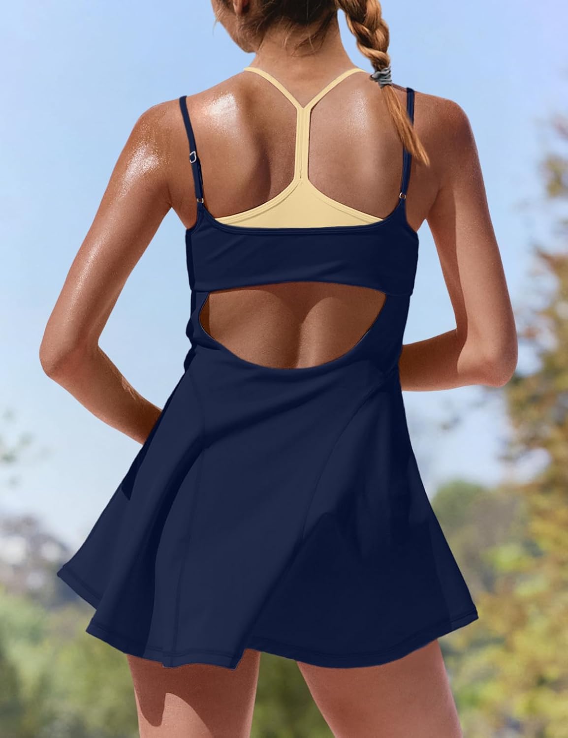 UNIANKIYA Womens Tennis Dress Built in Shorts and Bra Athletic Romper Dress Open Back Spaghetti Strap Workout Summer Sundress