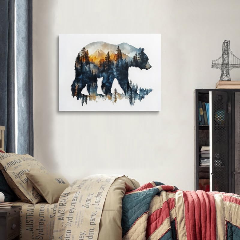 Bear Silhouette Forest Landscape Canvas Wall Art Framed Print Watercolor Painting Nature Wildlife Wall Decor Artwork Poster Sunset Colors Mountain Tree for Living Room Bedroom Office 12x16 Inches - Image 7