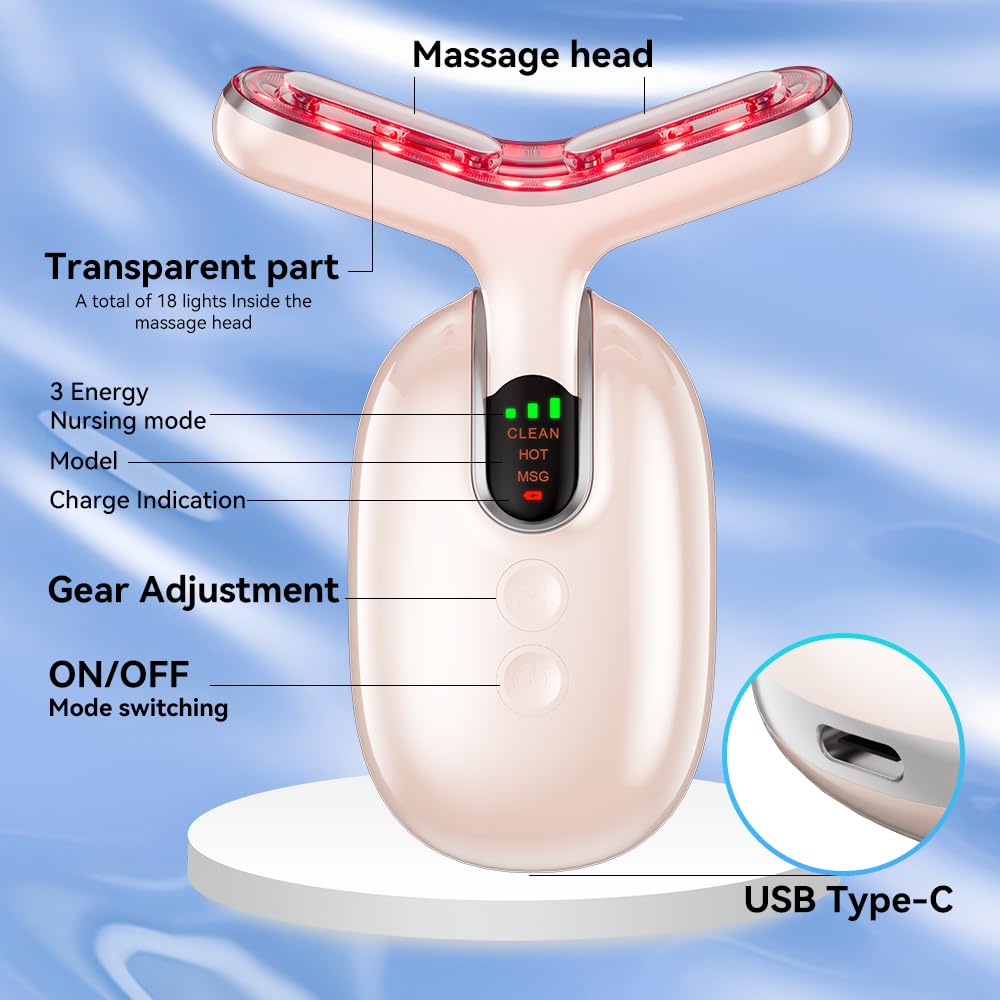 Neck Face Massager Device, Multifunctional Facial Massager for Skin Care and Double Chin with Vibration, Thermal, Electric(Pink silver)