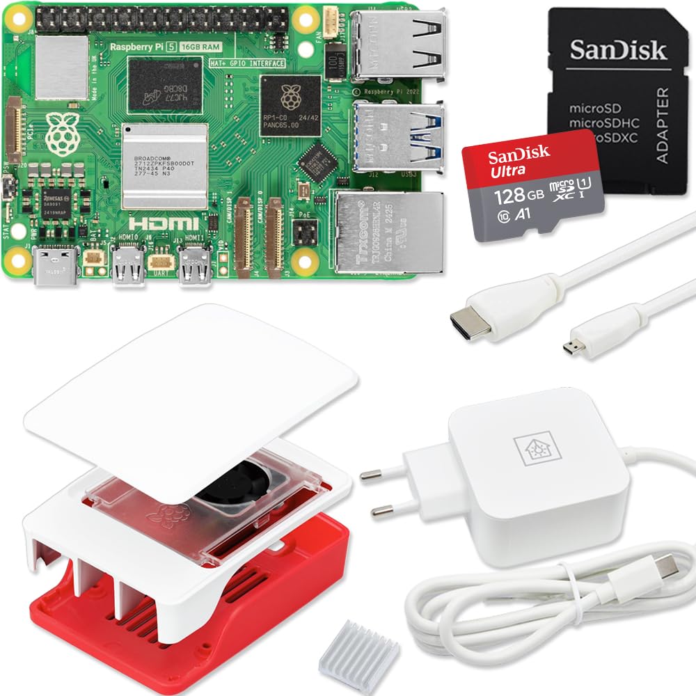 Raspberry Pi 5 - Kit de iniciación de 16 GB, 128 GB Ultra Edition, fuente de alimentación de 45 W, carcasa oficial con ventilador, cable 4K Micro HDMI de 1 m, disipador de calor de aluminio