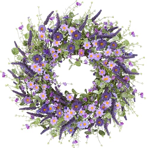 Sggvecsy Purple Daisy Wreath 24 Inch Spring Summer Wreath with Fake Silk Floral Green Eucalyptus Leaves and Lavender for Front Door Window Wall Wedding Farmhouse Festival Decor
