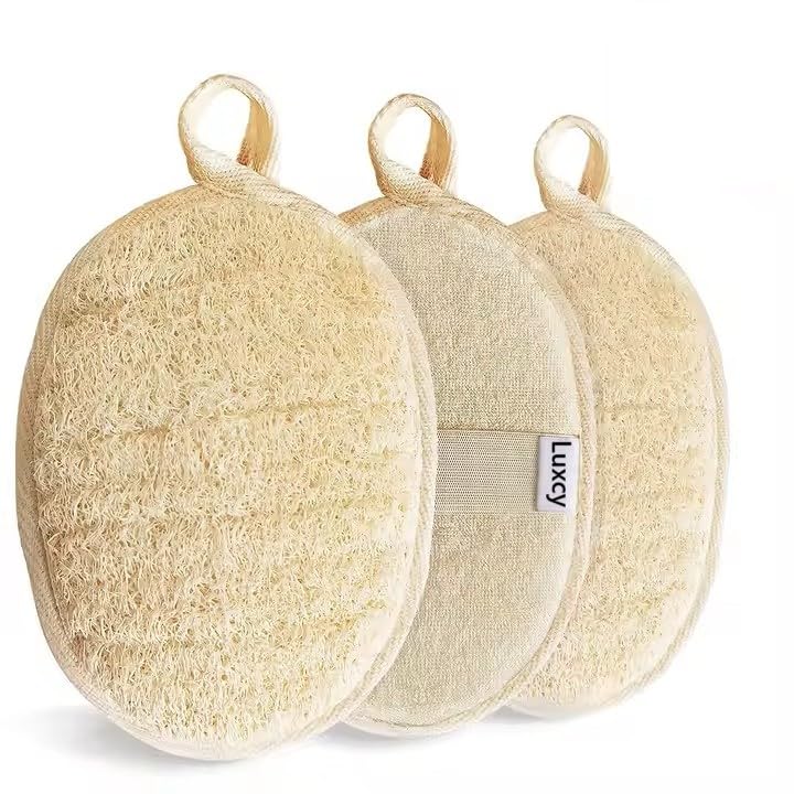 Luxcy Natural Loofah Exfoliating Body Scrubber, Dual-Sided Shower Loofah Sponge, Bath Shower Loofah Spong for Men and Women, Face and Body Bath Scrubber- 3 Count (1 Pack)