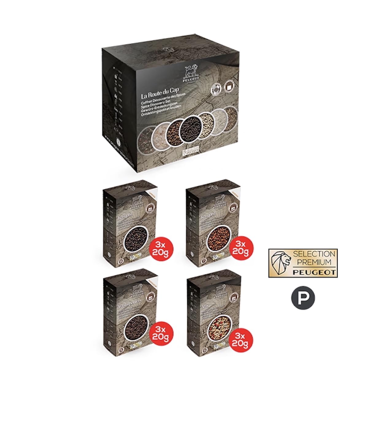 PEUGEOT Premium-Pfeffer-Multipack - Kampot Black & Red, Voatsiperifery, Fresh Blend - Herkunft: Kambodscha & Madagaskar - Dreifach-Schutzbeutel - 4x60g