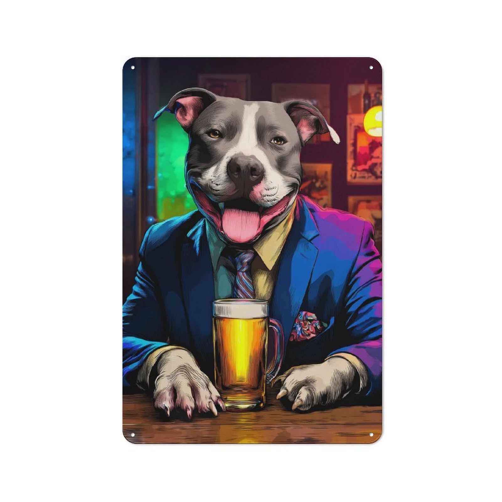 Junmoney Dog In Suit Enjoying Beer -24 Vintage Bistro Metal Sign 30X20cm, Bistro Wall Plaque For Takeaway, Bar, Kitchen Or Counter Area