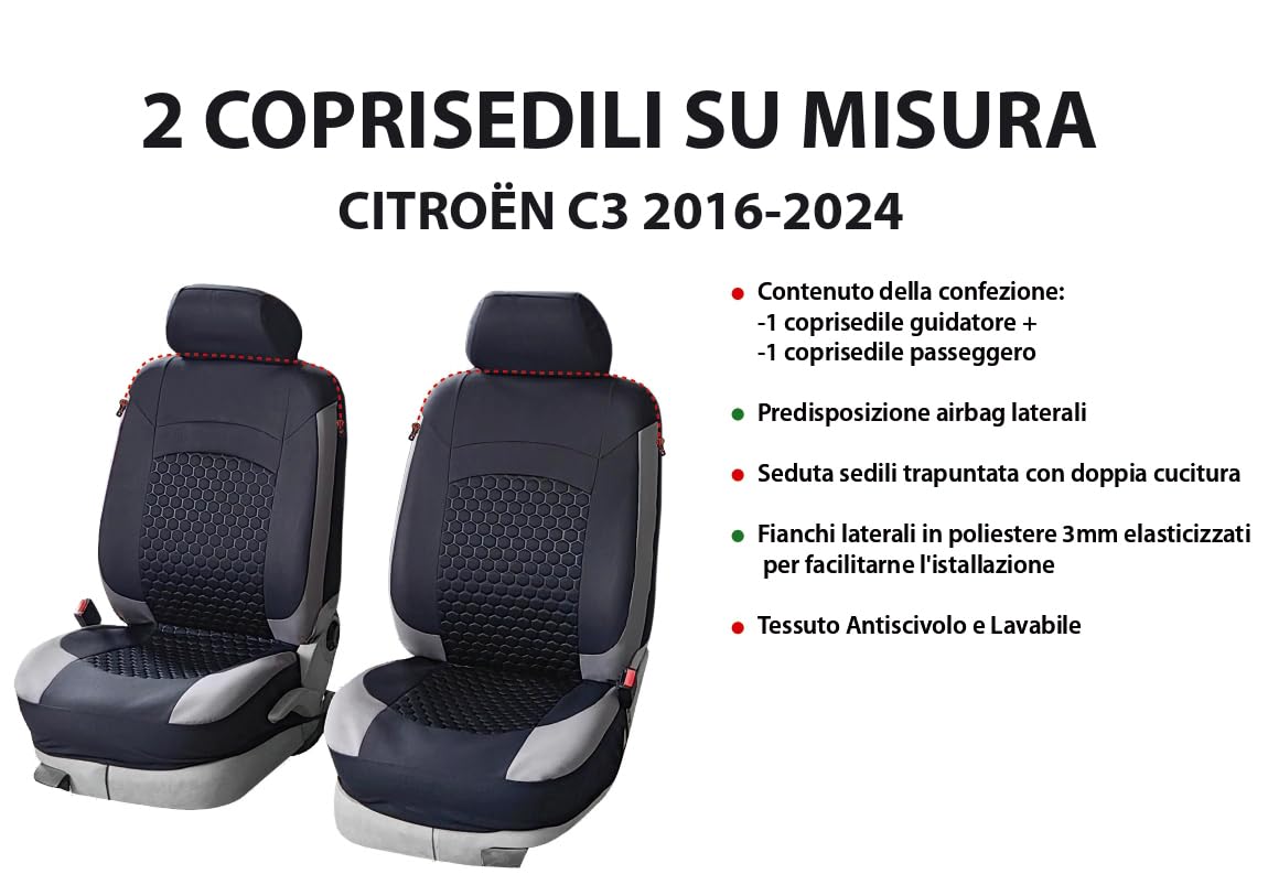 Set Coprisedili Auto Anteriori 2 Pezzi per CITROEN C3 dal 2016 al 2024 - Fianchi elasticizzati, Tessuto Antiscivolo Trapuntato in Poliestere, Lavabile, Alta Qualità - OFFICINE MILANO