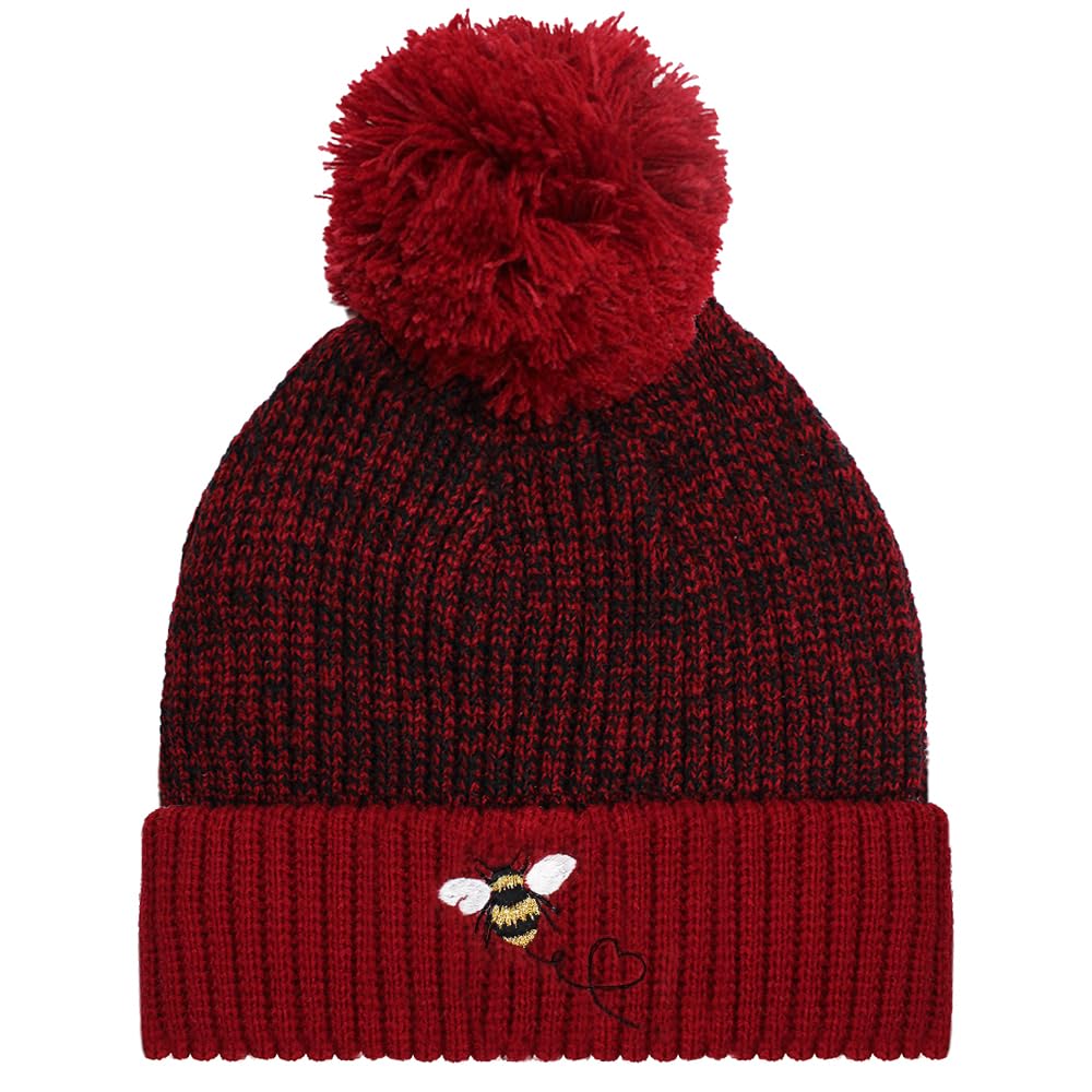 TeddyT's Girl's Glitter Bumble Bee Chunky Marl Knitted Red Bobble Hat