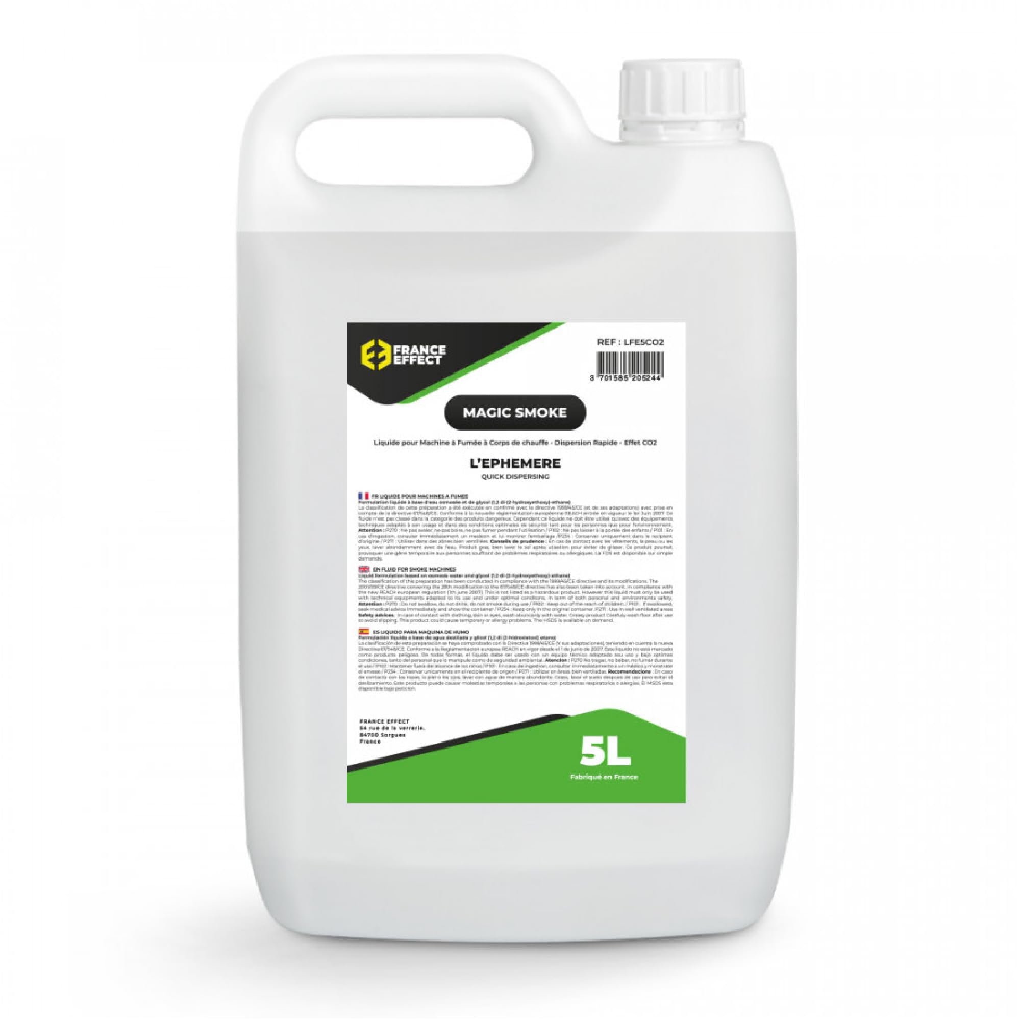 France Effect Liquide pour machine à fumée - EFFET CO2, fumée geyser courte durée - Magic Smoke® 5L - légère, Incolore. Inodore. Fabriqué en France.