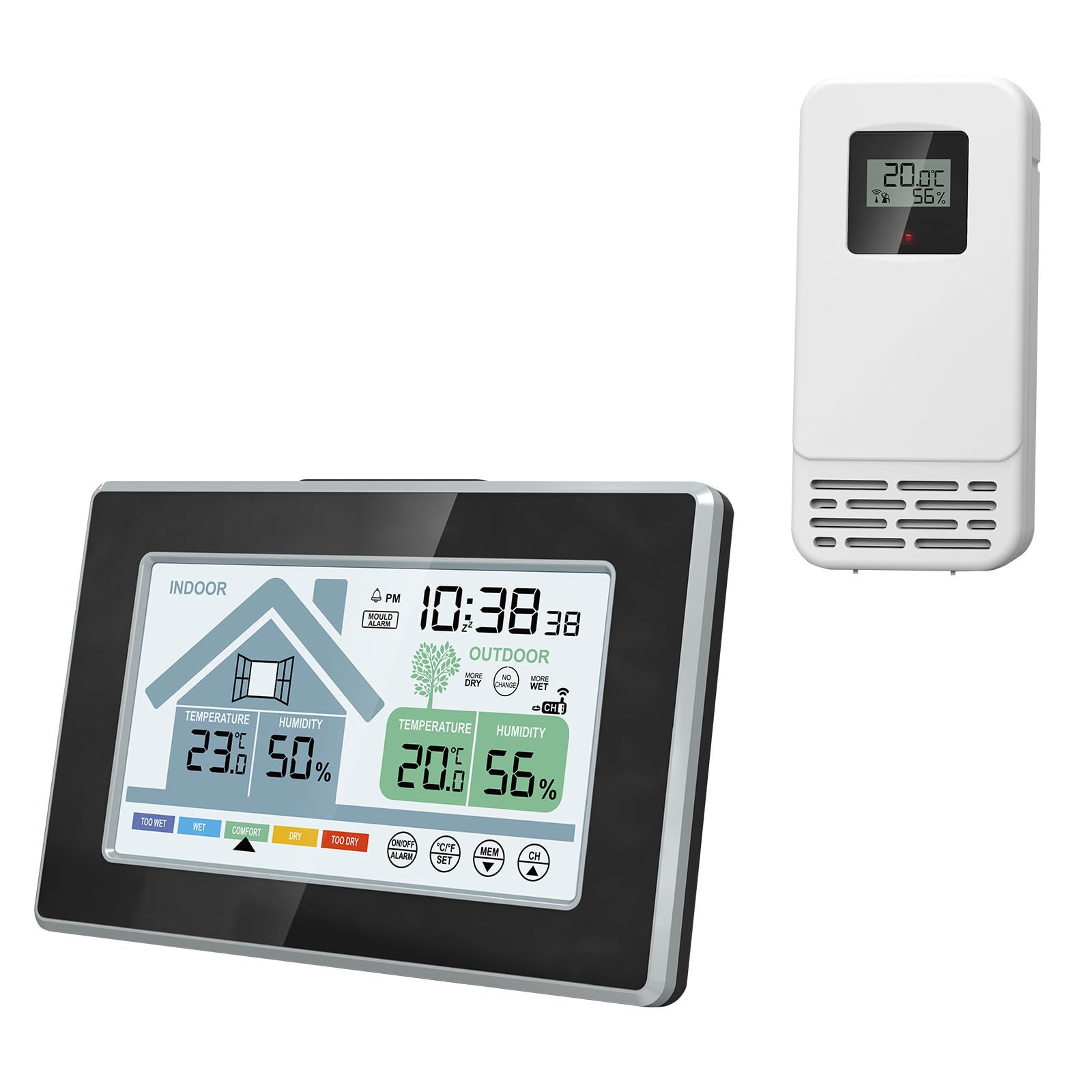 Thermometer, Hygrometer, Wetterstationen für den Innenbereich, Desktop-Wandhalterung, digitales Temperatur-Feuchtigkeitsmessgerät mit Uhr, Luftfeuchtigkeitsmessung, Wetterstationen mit Zeit und Wecker