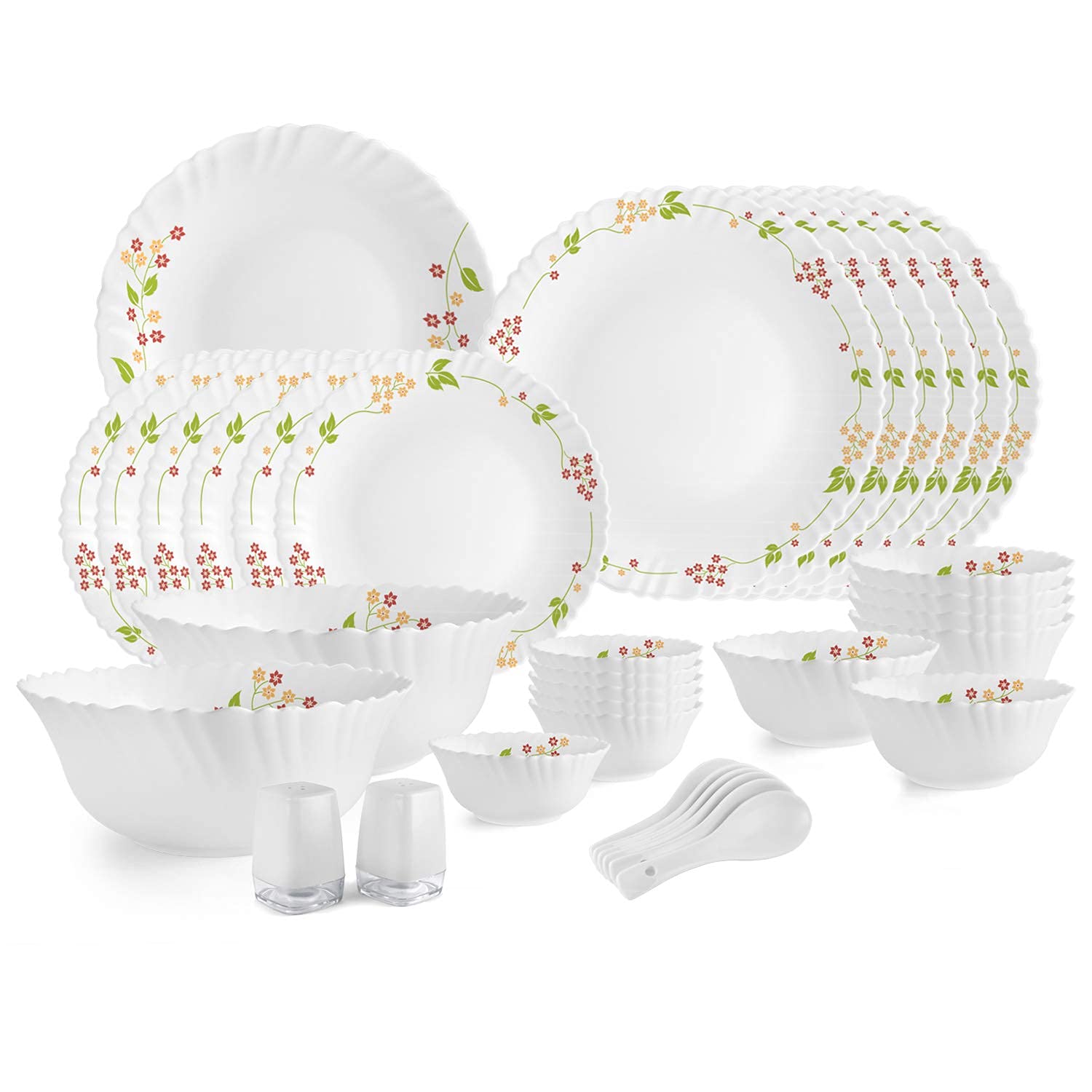 Opalware Dazzle Series Secret Garden Dinner Set - 35-Piece Opal Glass Dinner Set for 6 - Lightweight, Daily Use Crockery Set for Dining - Elegant White Plate and Bowl Set
