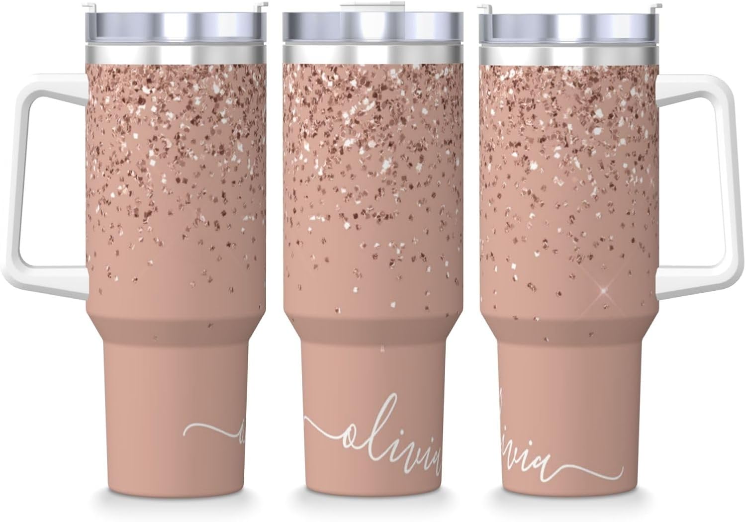 PTONUIC Blush Pink Rose Gold Glitter 40 oz Tumbler with Handle and Straw Lid | Insulated Cup Reusable Stainless Steel Water Bottle Travel Mug Cupholder Friendly | Gifts for Women Men Him Her - Image 2