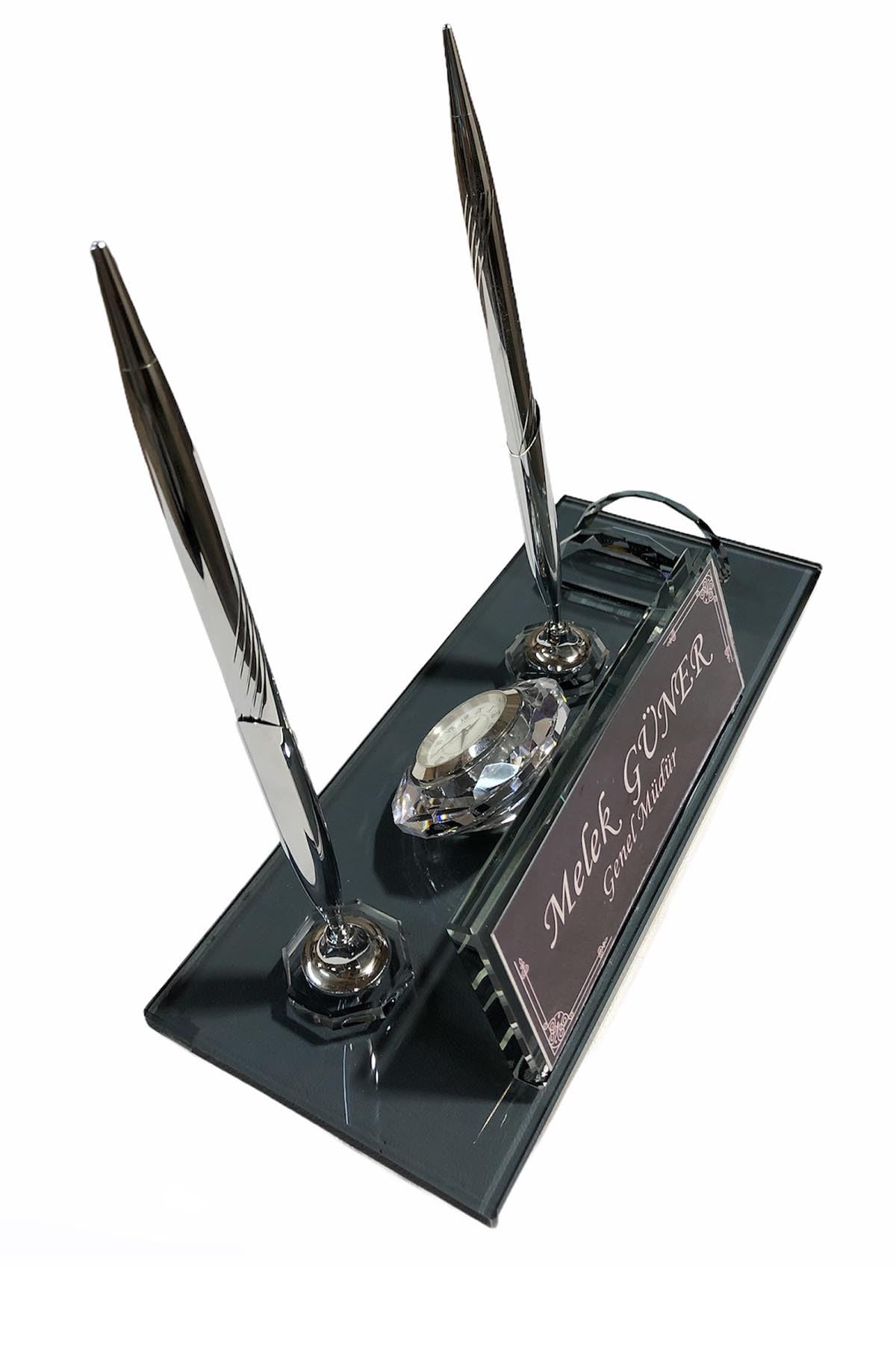 MOOGCO Custom Desk Name Plate: Black Glass Desk Name Plate with Clock, Pen Holder with 2 Pens, Cardholder - Desktop Nameplate, Desk Organizer (Black Glass Clock&Card)