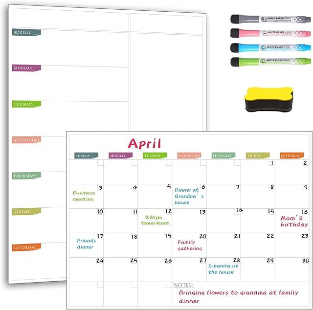 JaoNanl Magnetic Dry Erase Fridge Calendar Whiteboard Set-Monthly Planner, Weekly Organizer, 4 Fine Tip Markers and Magnetic Eraser, Reusable Wall Mounted Magnetic Board for Kitchen, Office, Classroom