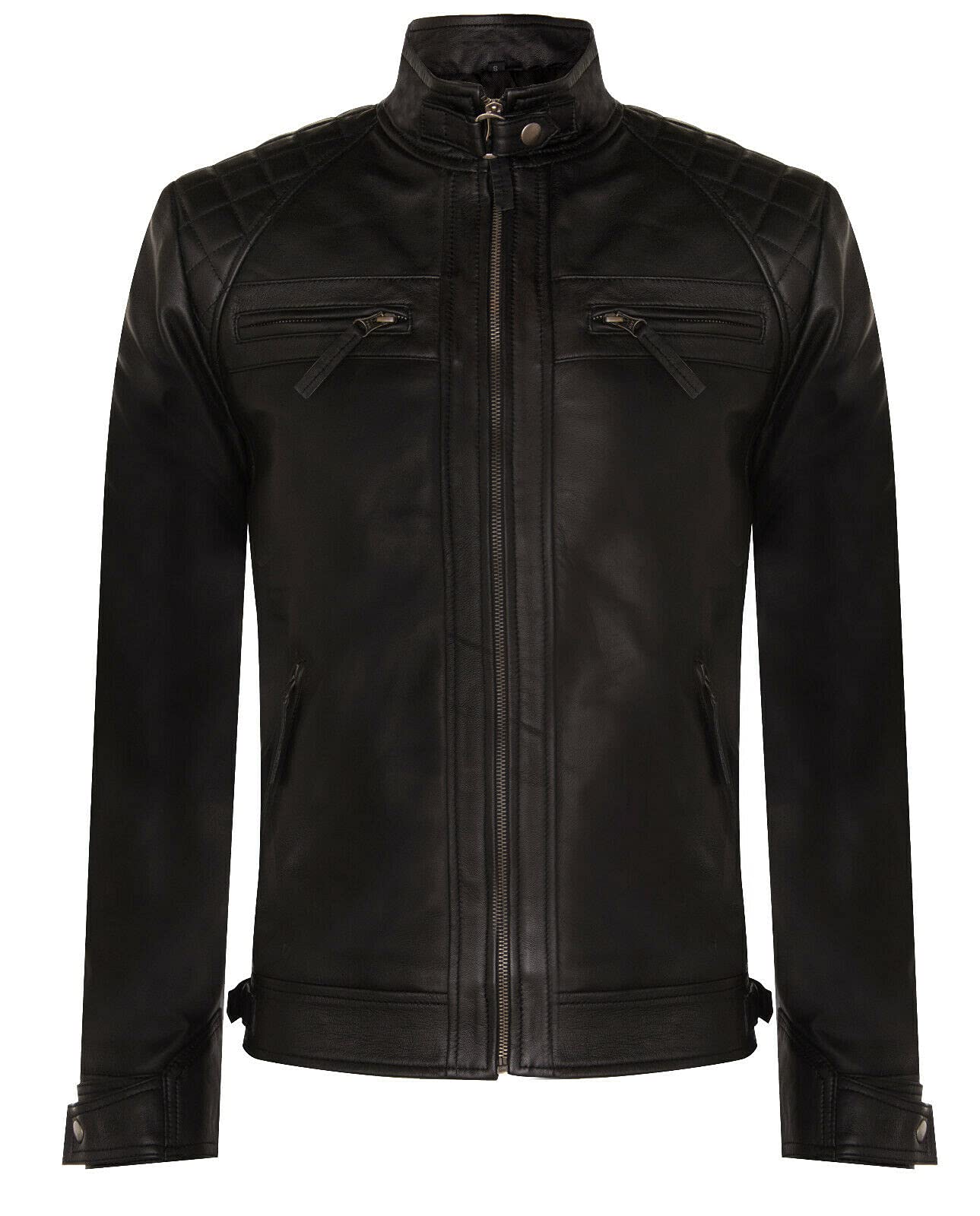 Men's Vintage Black Leather Retro Jacket Classic Racing Quilted Biker Moto Fashion Jacket 2XL