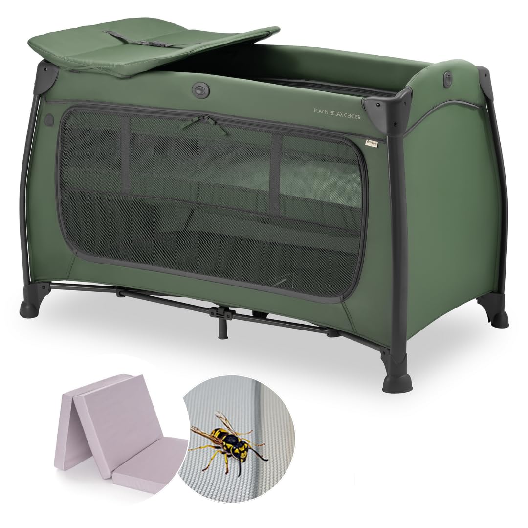 hauck Play n Relax Center Set de Cuna de Viaje Bebe con Colchon y Mosquitera | Dos Alturas para Recién Nacidos - Parque Infantil con Cambiador y Ruedas - Verde