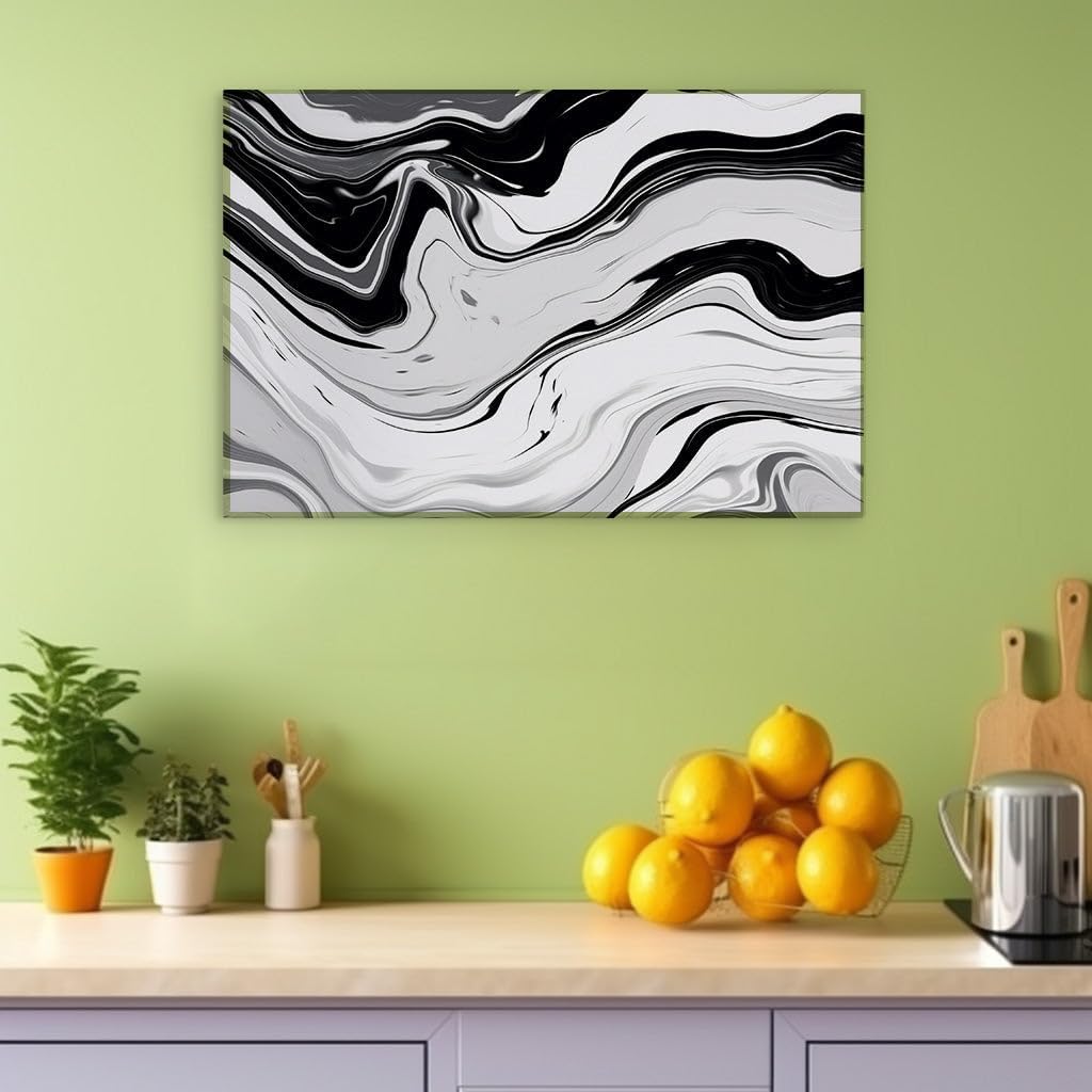 Canvas for Living room. Monochromatic Elegance: Exploring the Dynamic Waves of a Marble-Textured Digital Masterpiece, 27 x 18 inch Canvas Wall Art - Ready to Hang