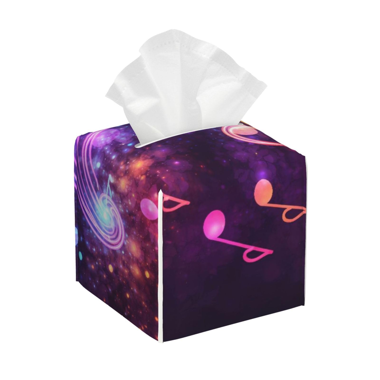 Colorful Galaxy Music Note Leather Tissue Box Cover Holder Square Facial Paper Organizer 5.2" X 5.2" X 5.2"