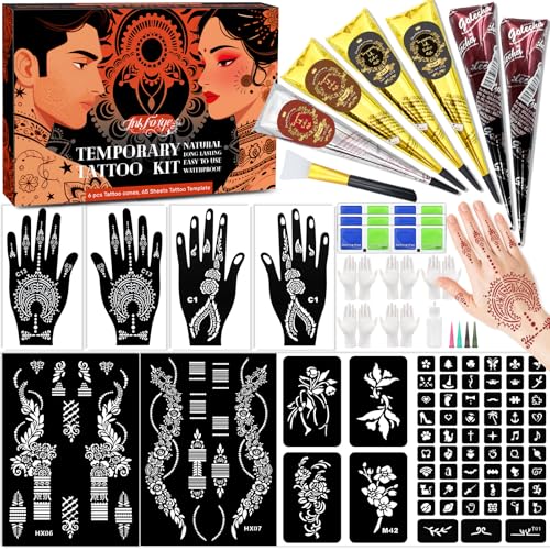 Temporary Stencils Tattoos Kit, 6 Pcs Tattoo Cones 4 Color (2 Black 2 Brown 1 Maroon 1 Cherry Red) with Gloves Brush Tool,DIY Body Art Skin Painting Designs for Women Men Kids Party Gifts