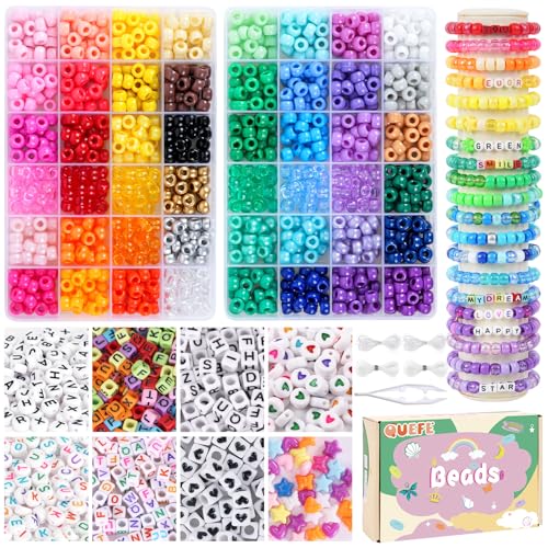 QUEFE 1900pcs 48 Colors Pony Beads Bracelet Making Kit Rainbow Kandi Beads Friendship Bracelet Kit Letter Beads For Jewelry Making with Elastic Strings for Bracelet Necklace Making Craft Gifts Set