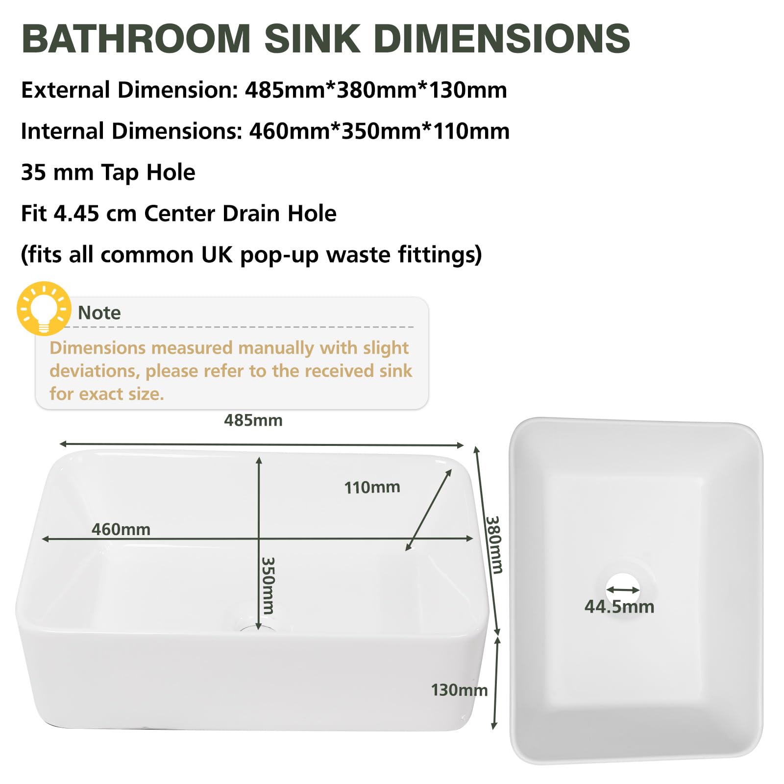 Sarlai Fregadero de cerámica para cuarto de baño, moderno, pequeño, compacto, de porcelana, sobre encimera, diseño clásico, color blanco brillante, rectangular, 485 x 380 x 130 mm