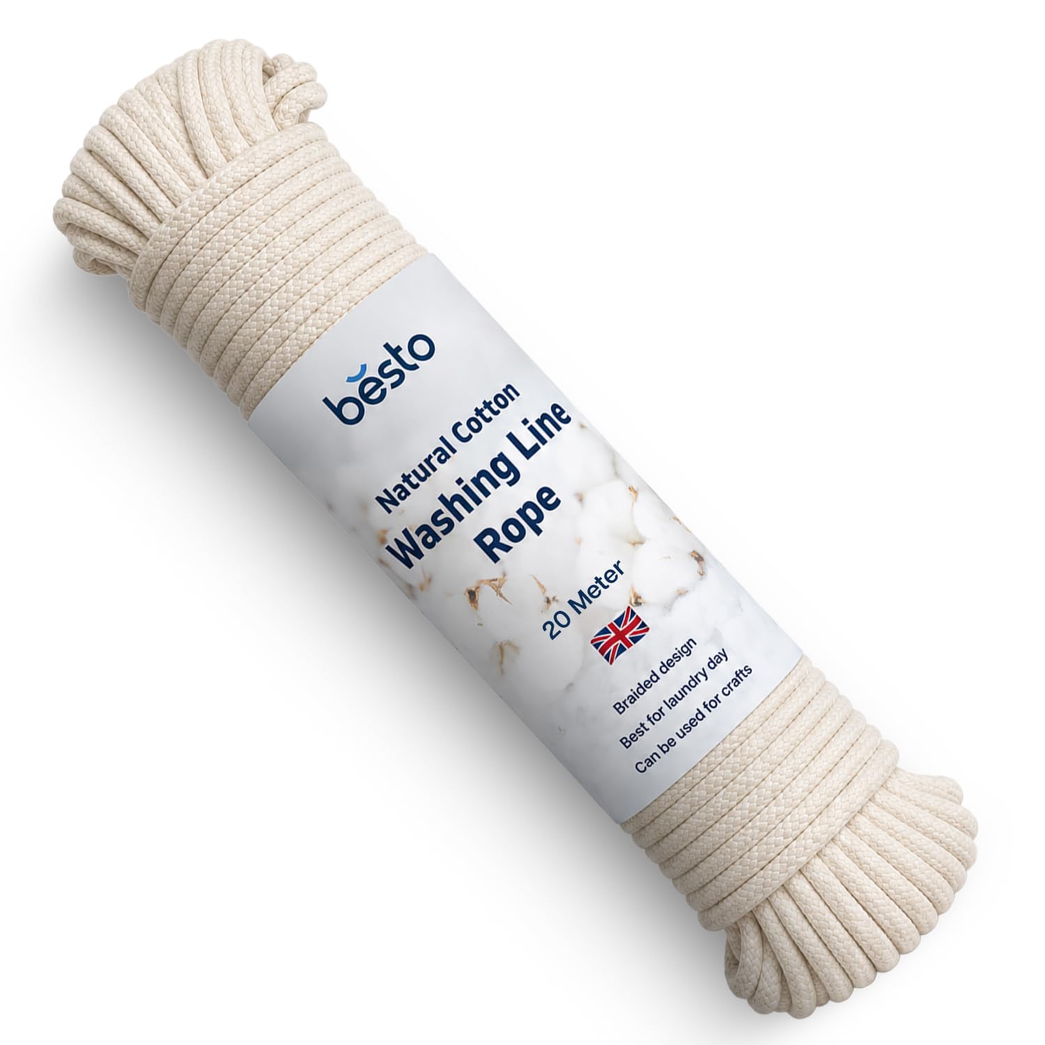 Besto Washing Line Rope Outdoor Clothes Line Laundry Line Outdoors Multipurpose Braided Cotton Soft Rope for Garden, Arts and Crafts | 4mm (20M)