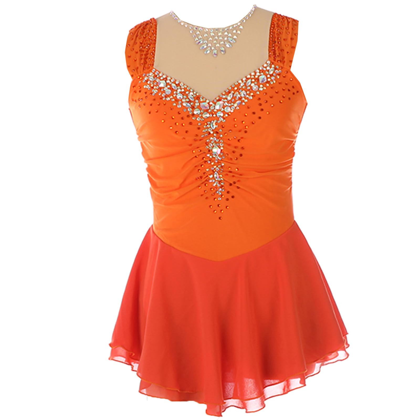 Damen Professionelle Eiskunstlauf Wettbewerb Kleider Weiß Ärmellos Strass Dame Gymnastik Activewear Wettbewerb Training Athletic Weiblich,Orange,XL