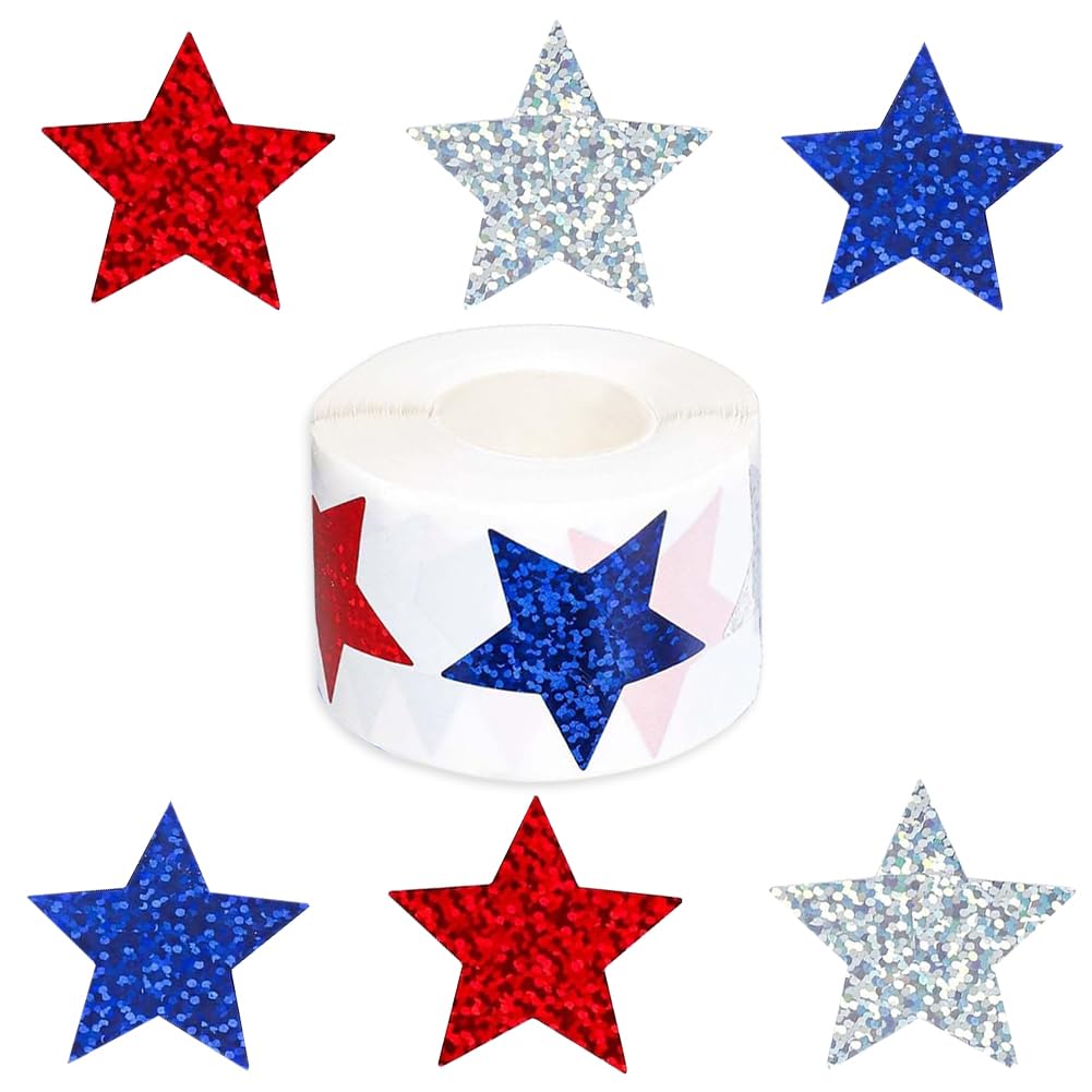 500 Pcs 4th of July Patriotic Stickers 1In American Sticker Fourth of July Label Red White and Blue Laser Glitter Star Sticker for Independence Day