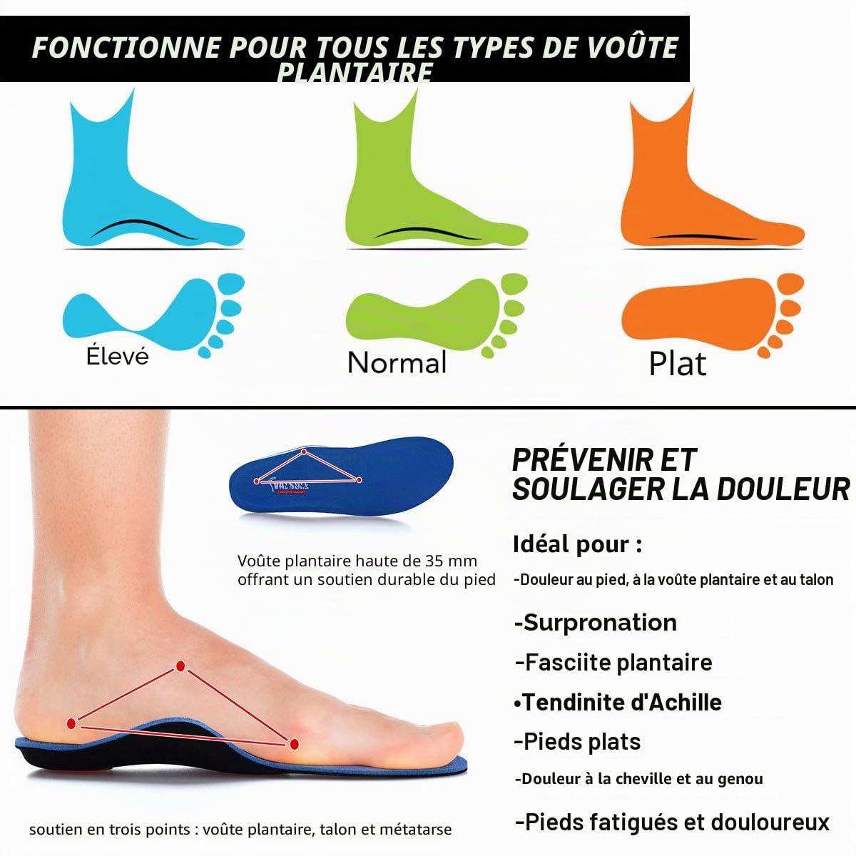 VALSOLE semelles orthopédiques soutient de la voute plantaire pour les douleurs au niveau du talon, épine calcanéenne, Pied Plat, Fasciite Plantaire, les douleurs du genou (43-44 EU (280mm), V107b)