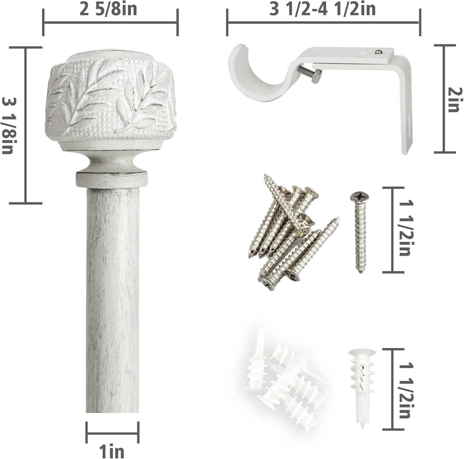 Adjustable 72-144 Inch White Curtain Rods, 1 Inch Diameter with Knob Leaf Finials, Fits 68-140 Inches Windows, Farmhouse Style Window Drapery Rod