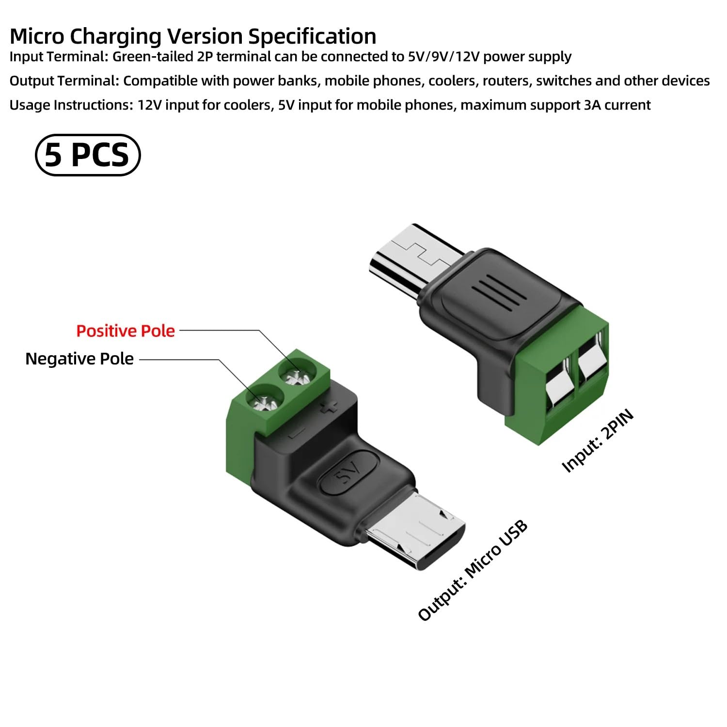 USB C/Micro to 2 Pin Screw Terminal 5 V Solderless Adapter (5X Microto2PIN-MHT)