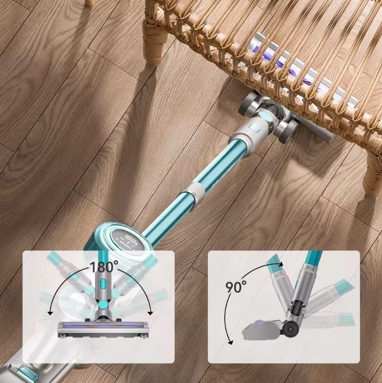 Cordless vacuum cleaner demonstrating flexible head movement for cleaning under furniture