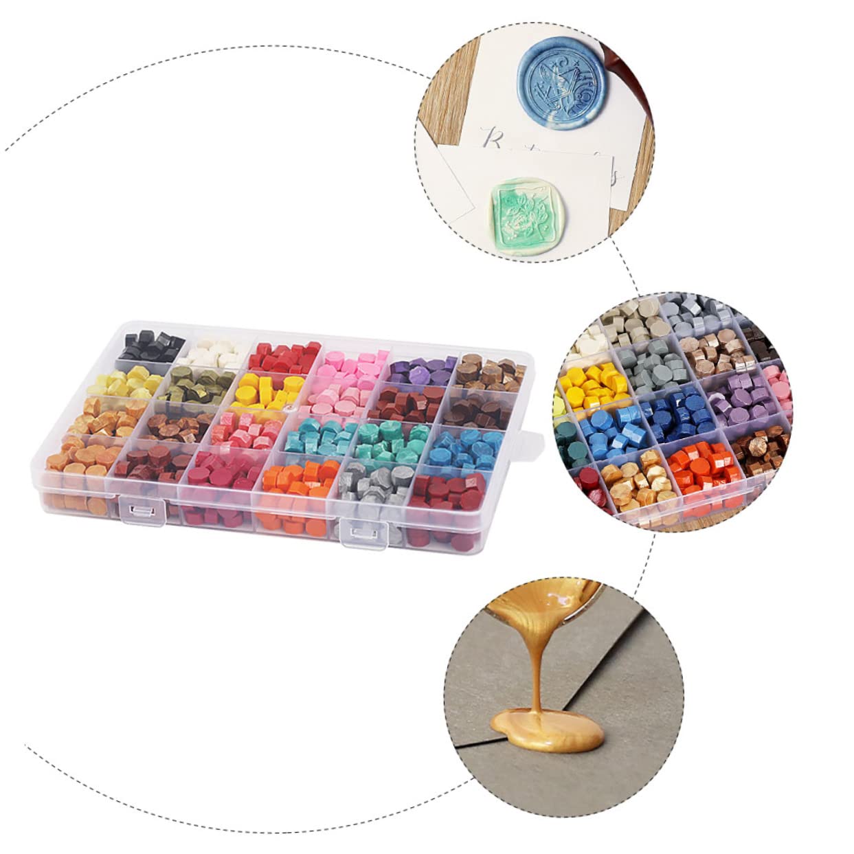 PLAFOPE Sellos de Cera Transparente Caja de Sellos Retro con Cuchara de Lacre Cuentas de Colores para Sobres con Compartimentos