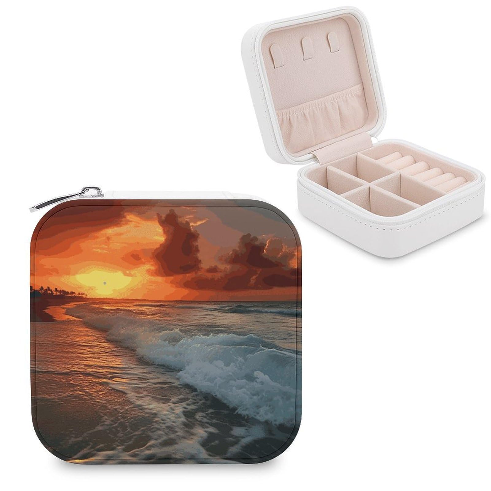 MUSM The Beach Sunset Travel Jewelry Case Personalized PU Leather Jewelry Boxes for Women Small Portable Jewelry Organizer Box Cute Trinket Box for Necklaces Rings Earrings & Gifts