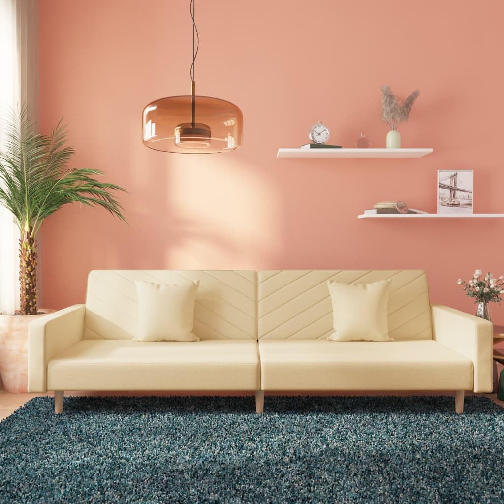 Sofá cama de 2 plazas con marco de madera y 2 cojines en tapicería de tela crema para sala de estar u oficina como cómodo asiento y cama de dormir que ahorra espacio