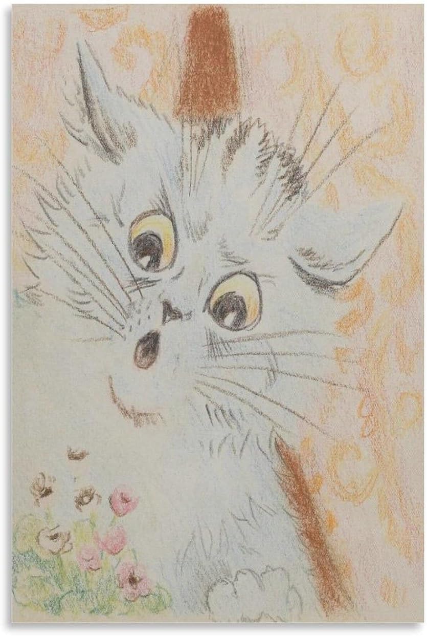 Orjdjz Wxkbl Cat and Flowers by Louis Wain Poster and Prints Vintage Wall Art Louis Wain Canvas Painting Animal Picture for Bathroom Decor 40x55cm Frameless