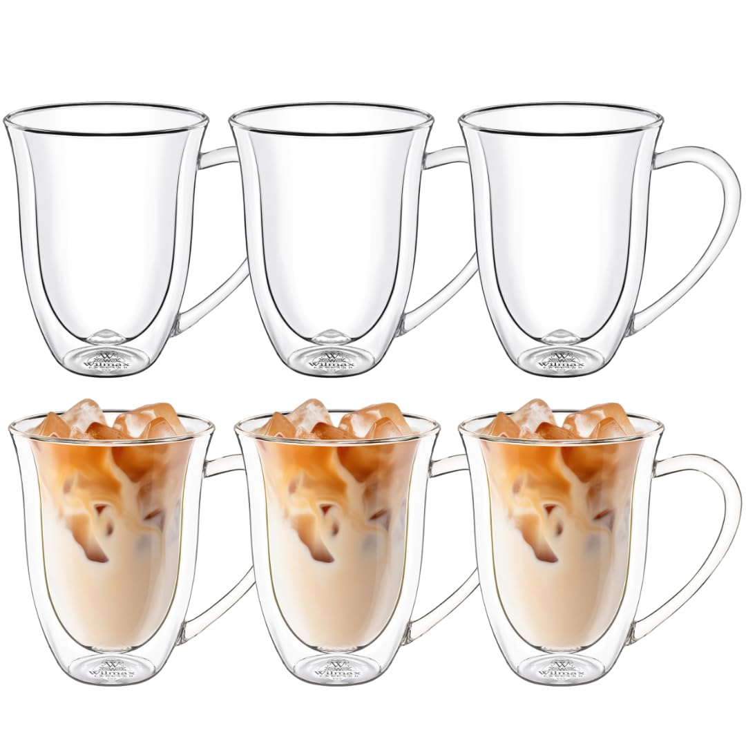 Wilmax - Thermogläser mit Henkel - 6er Set - 400ml - Doppelwandige Gläser für Wasser, Tee, Kaffee - Teegläser & Kaffeegläser - Becher für Heiß- und Kaltgetränke - Spülmaschinenfest
