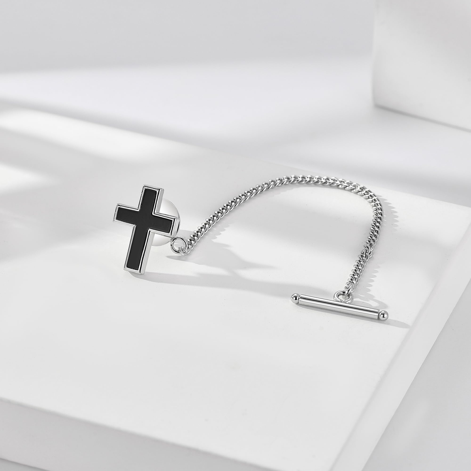 Alfiler de corbata de plata de ley con diseño de trébol de cuatro hojas/cruz ónix para hombre