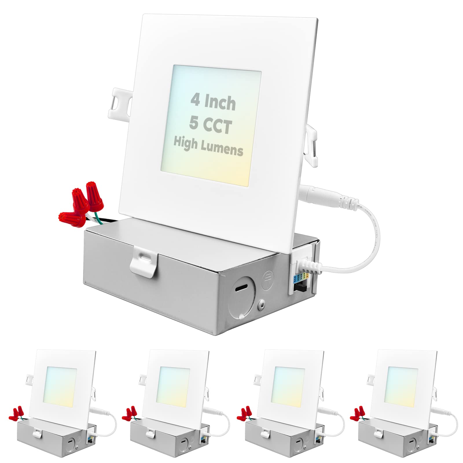 LUXRITE 4 Inch Ultra Thin Square LED Recessed Light with J-Box, 12W, 5 Color Selectable 2700K-5000K, 950 Lumens, Dimmable LED Wafer Lights, High