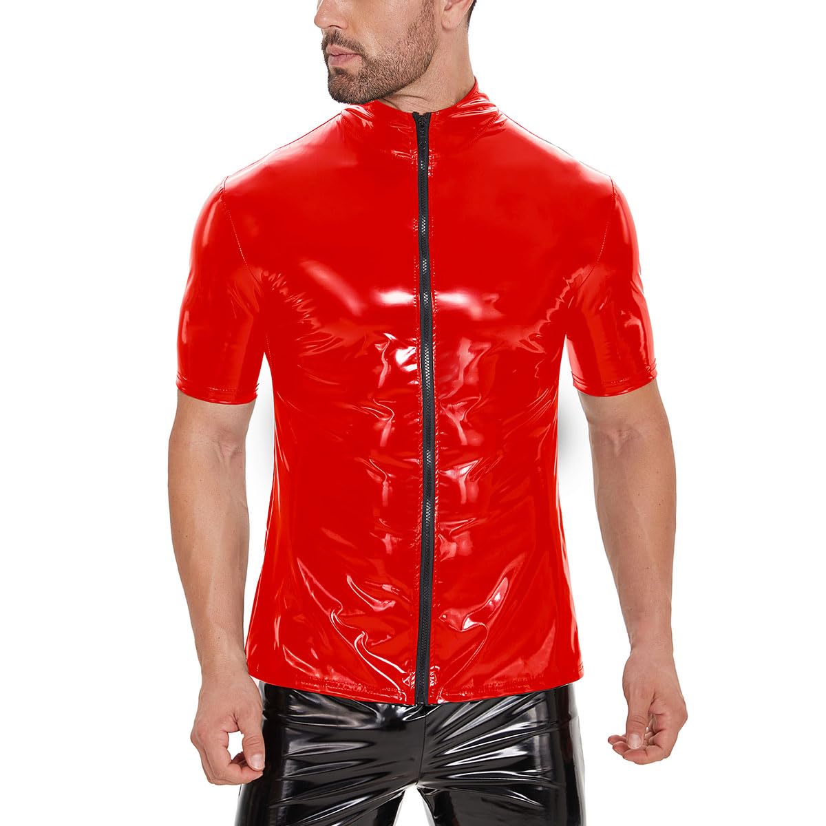 Chemise sexy en cuir pour homme, brillant, grande taille, fermeture éclair, manches courtes, manteau en latex brillant pour homme