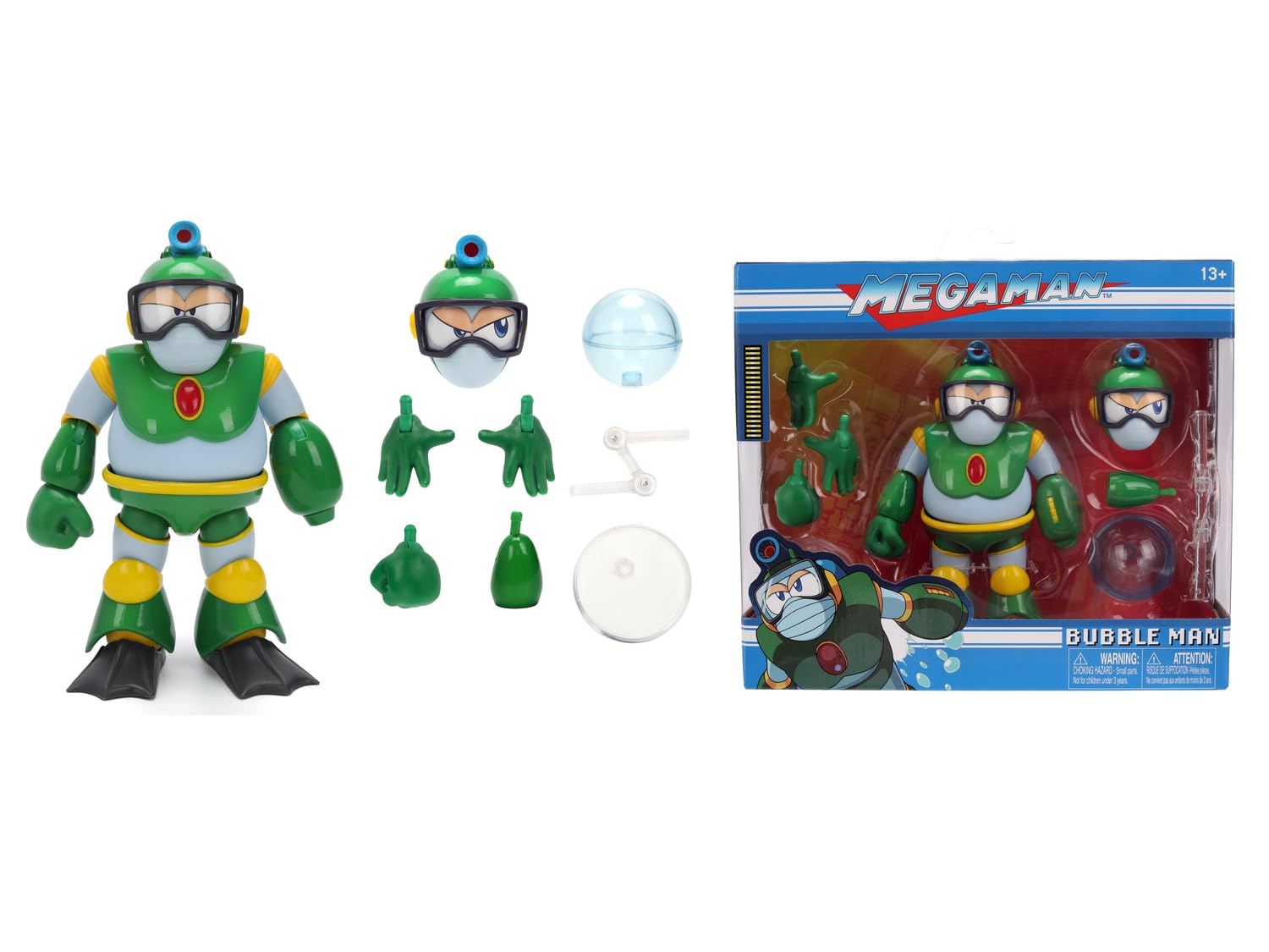 Jada Toys Mega Man - Figura de Bubble Man (11,5 cm) – Figura de acción y colección móvil de la serie de videojuegos Megaman, con cabeza, manos y accesorios alternativos, para fans y coleccionistas a