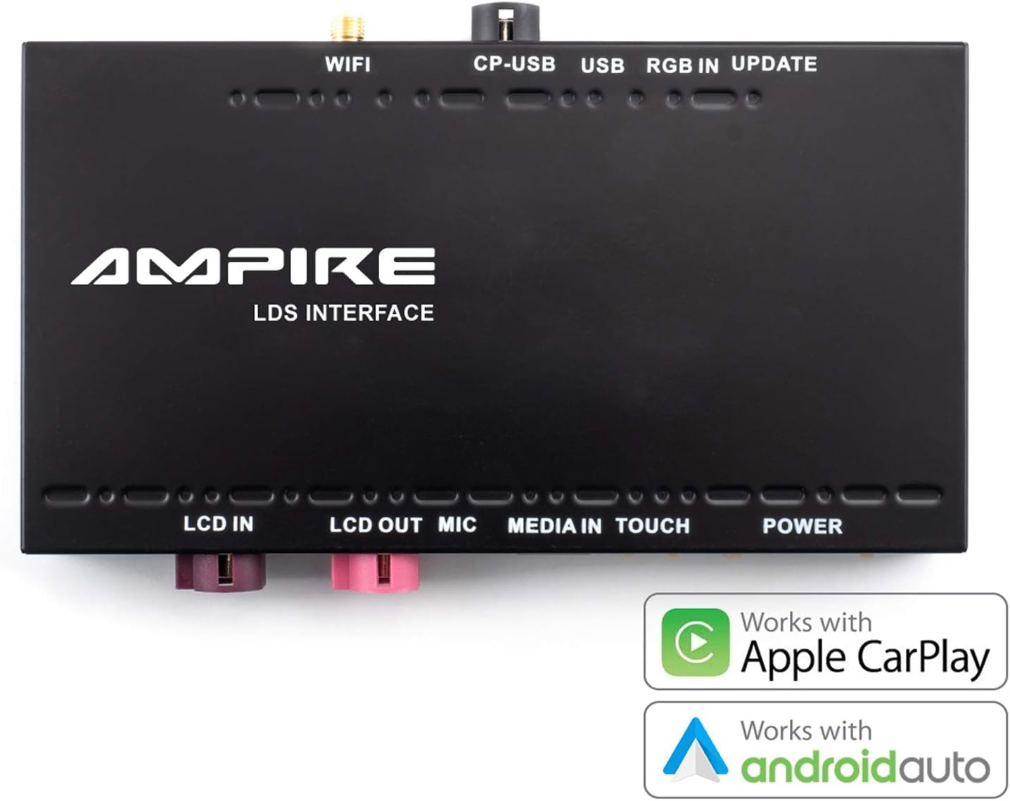 AMPIRE LDS-NBT-CP interface with 'Works with Apple CarPlay' and 'Works with Android Auto' logos