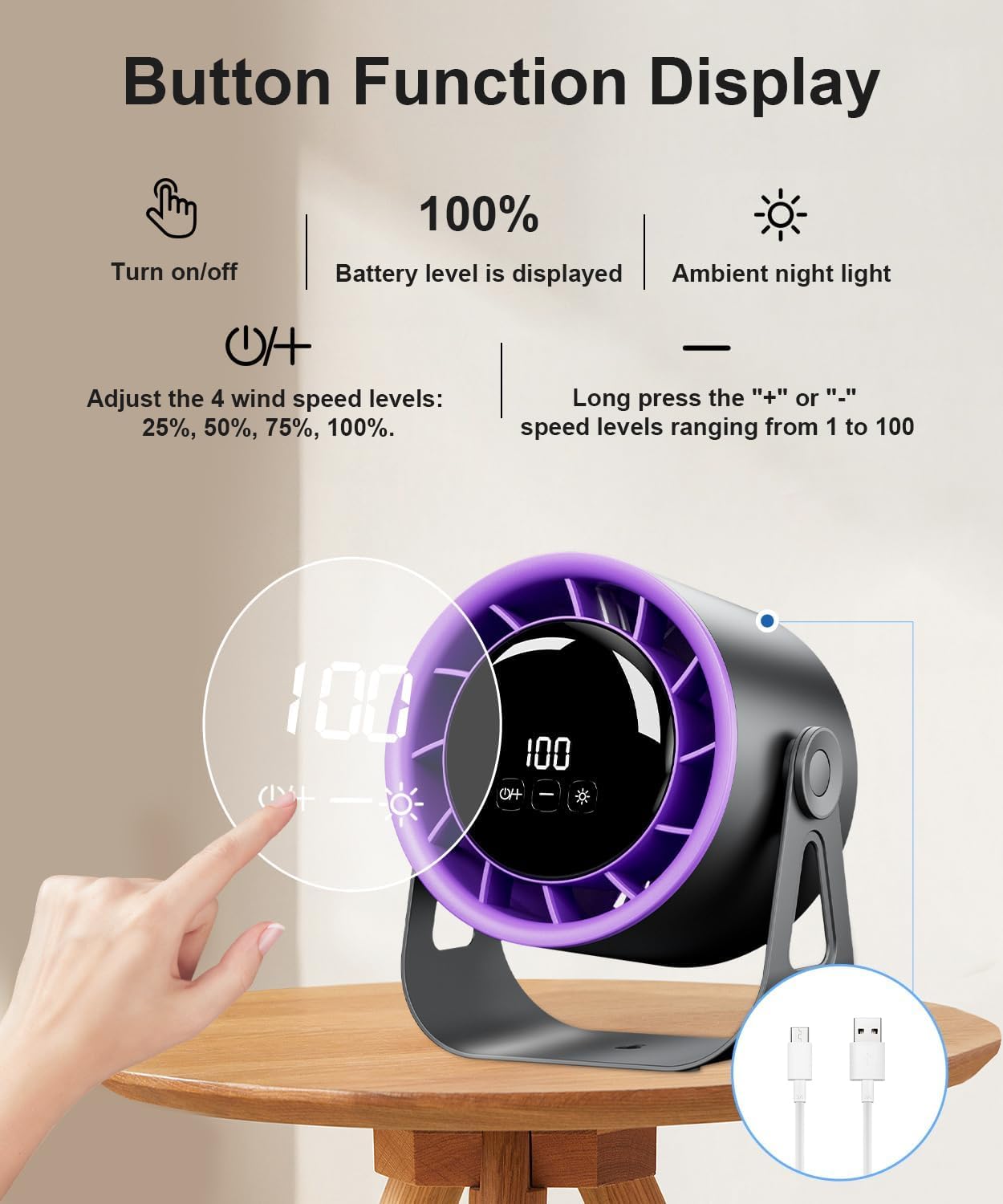 Macchiatto Tischventilator USB mit Akku, Leiser Mini Ventilator, 4 Geschwindigkeiten, 360° Verstellbar, Wiederaufladbar